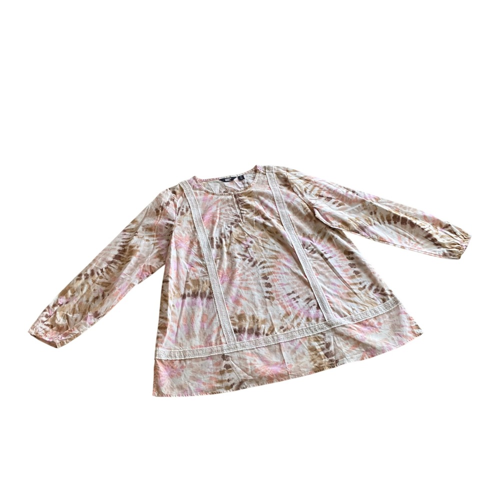 Lands' End Tunic Top Womens XL Pink Brown Tie Dye Cotton Lace Trim Boho